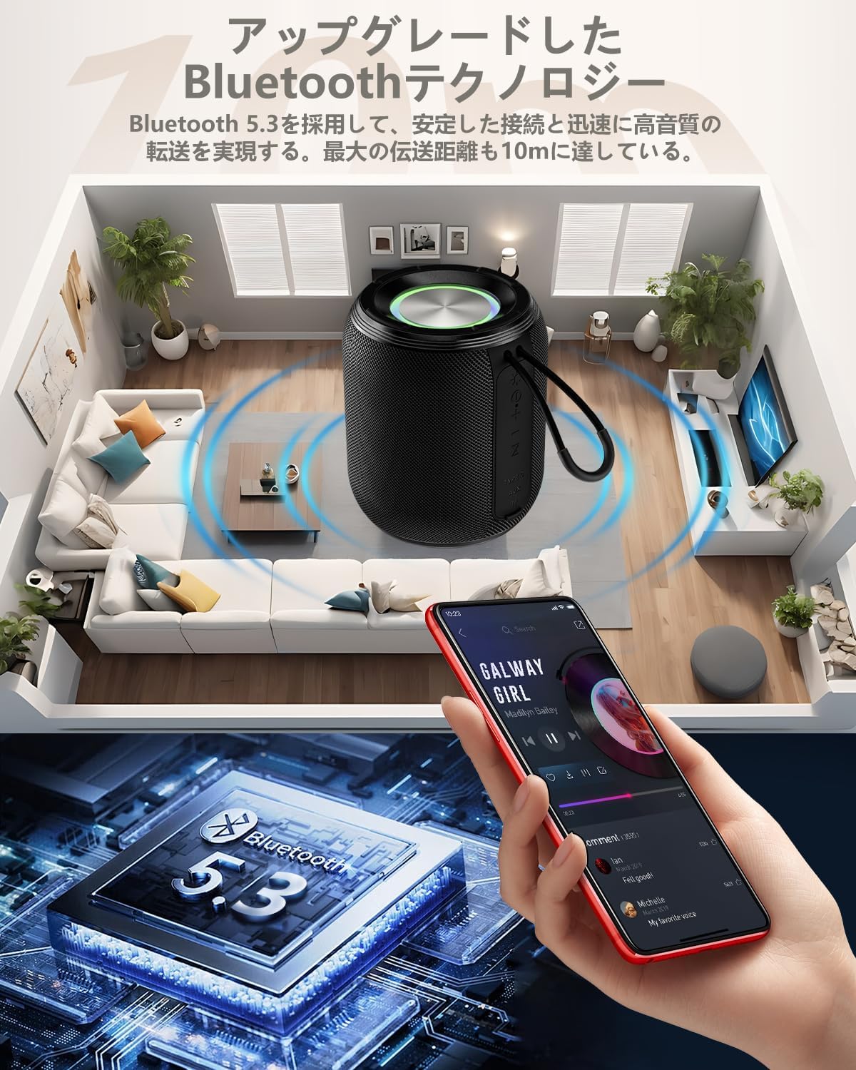 ポータブルBluetoothスピーカー 2025年モデル 重低音強化 LEDライト/IPX6.5防水 TWS機能付き