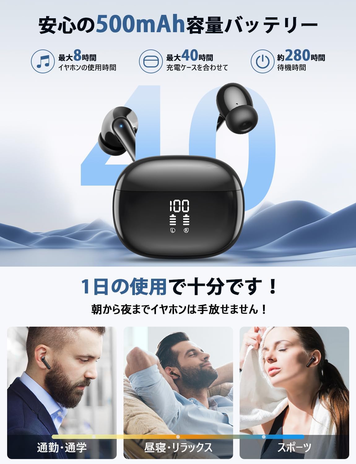 ワイヤレスBluetoothイヤホン ENCノイズキャンセリング タッチコントロール Hi-Fi音質 自動ペアリング（ブラック）