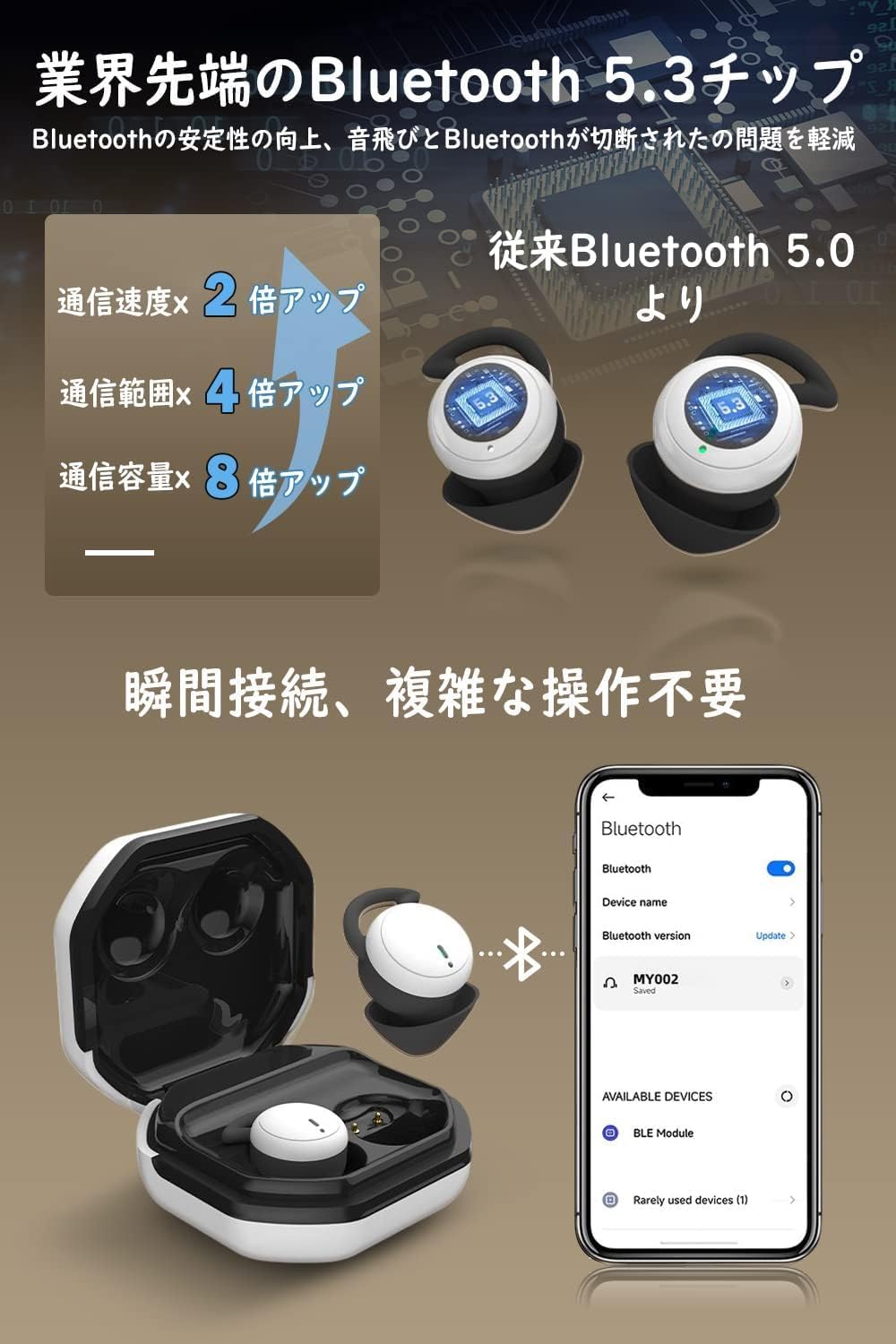 ワイヤレス睡眠用カナル型イヤホン Bluetooth5.3 超小型2.3g 高遮音性 IPX5防水 ブラック