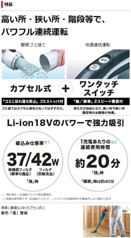 充電式クリーナー 18V カプセル式 ホワイト + バッテリー＆充電器セット