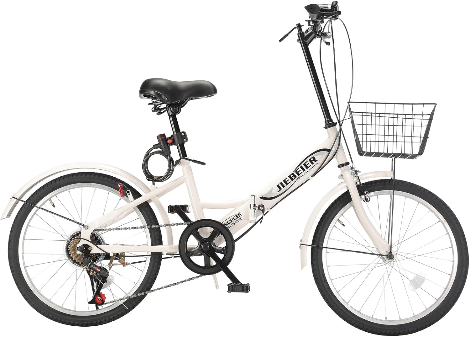 軽量20インチ折り畳み自転車 7段変速 カゴ・ワイヤー錠・ライト付き