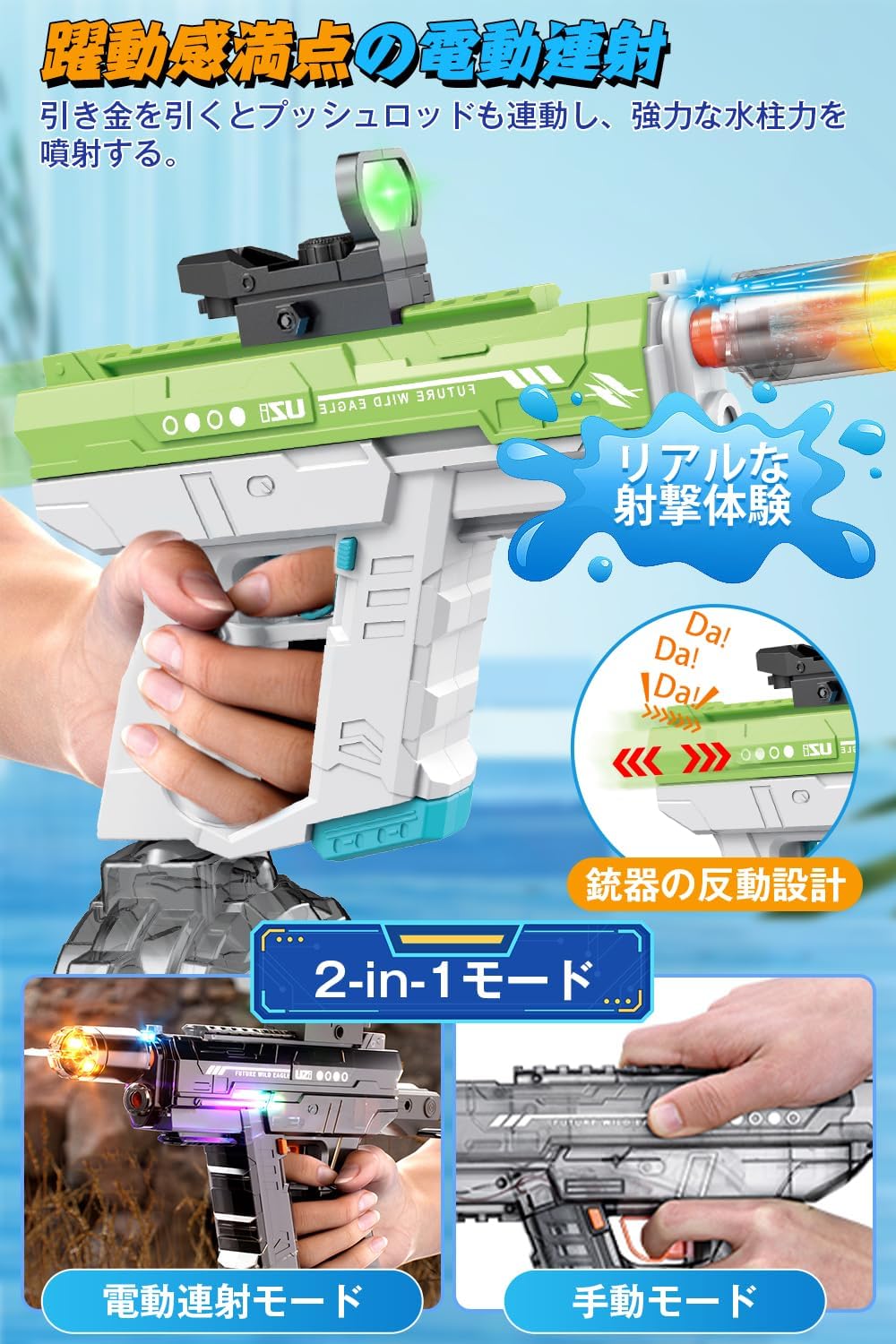夏祭り用電動ウォーターガン LED照明・自動給水機能付き 連射式 800ML貯水タンク 8-10M飛距離
