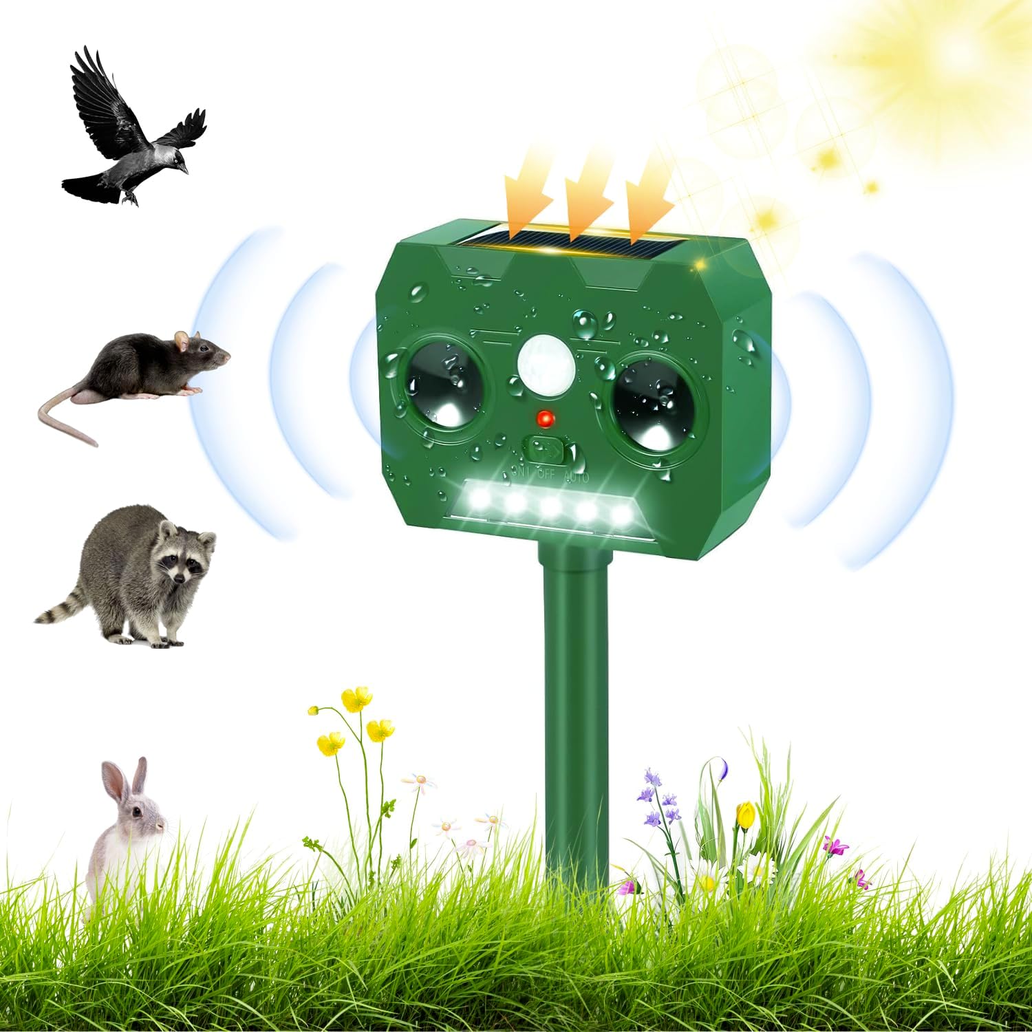 超音波式動物撃退器 猫避け・犬よけ・鳥よけ IP65防水 ソーラー充電タイプ【1個入り】