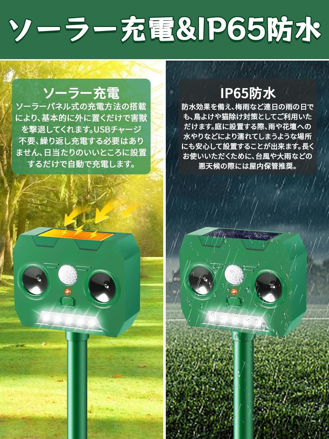 超音波式動物撃退器 猫避け・犬よけ・鳥よけ IP65防水 ソーラー充電タイプ【1個入り】
