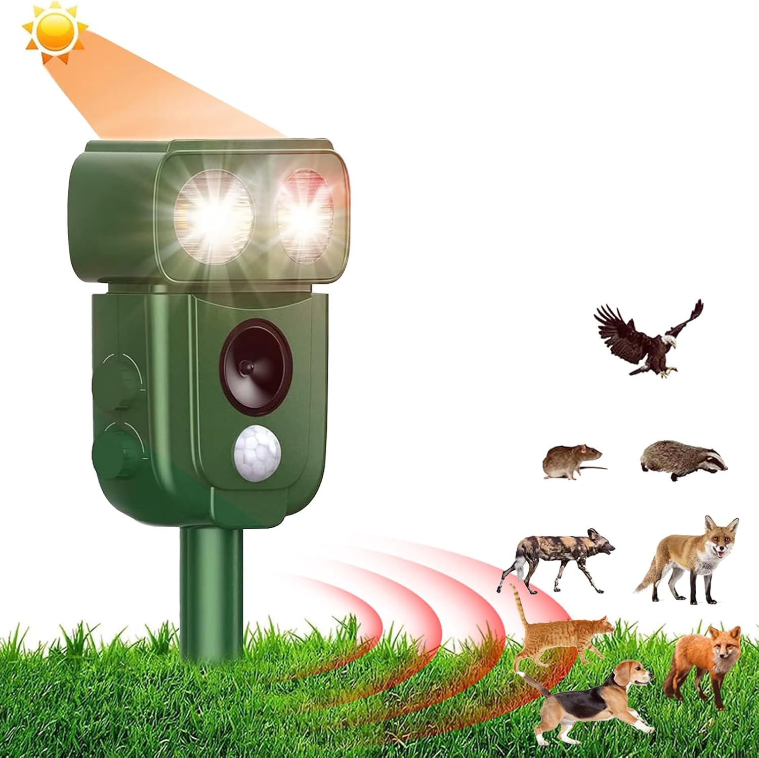2025年版 猫・犬・ネズミ撃退器 超音波・赤外線センサー搭載 害獣対策器 IP68防水 3000mAhバッテリー USB＆ソーラー充電 12m感知範囲
