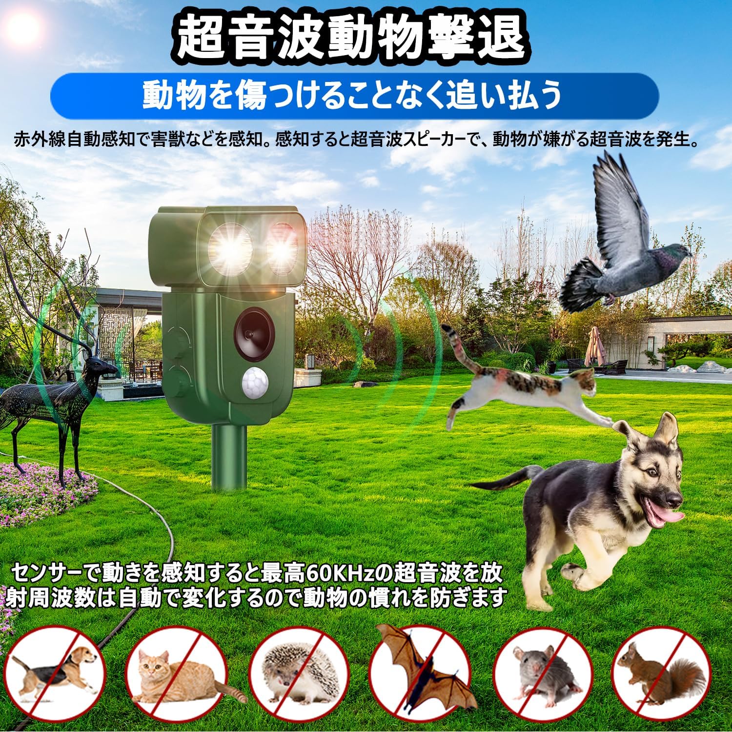 2025年版 猫・犬・ネズミ撃退器 超音波・赤外線センサー搭載 害獣対策器 IP68防水 3000mAhバッテリー USB＆ソーラー充電 12m感知範囲