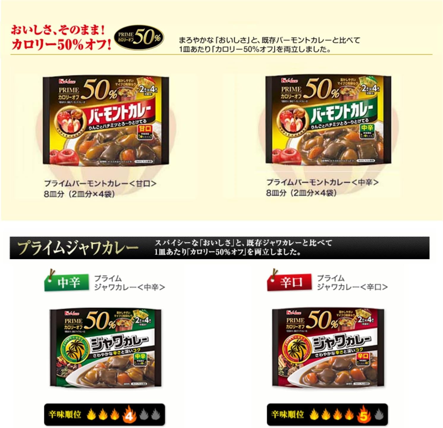 ハウス プライムカレー 4種セット （甘口・中辛・辛口）【カロリー50%オフ】