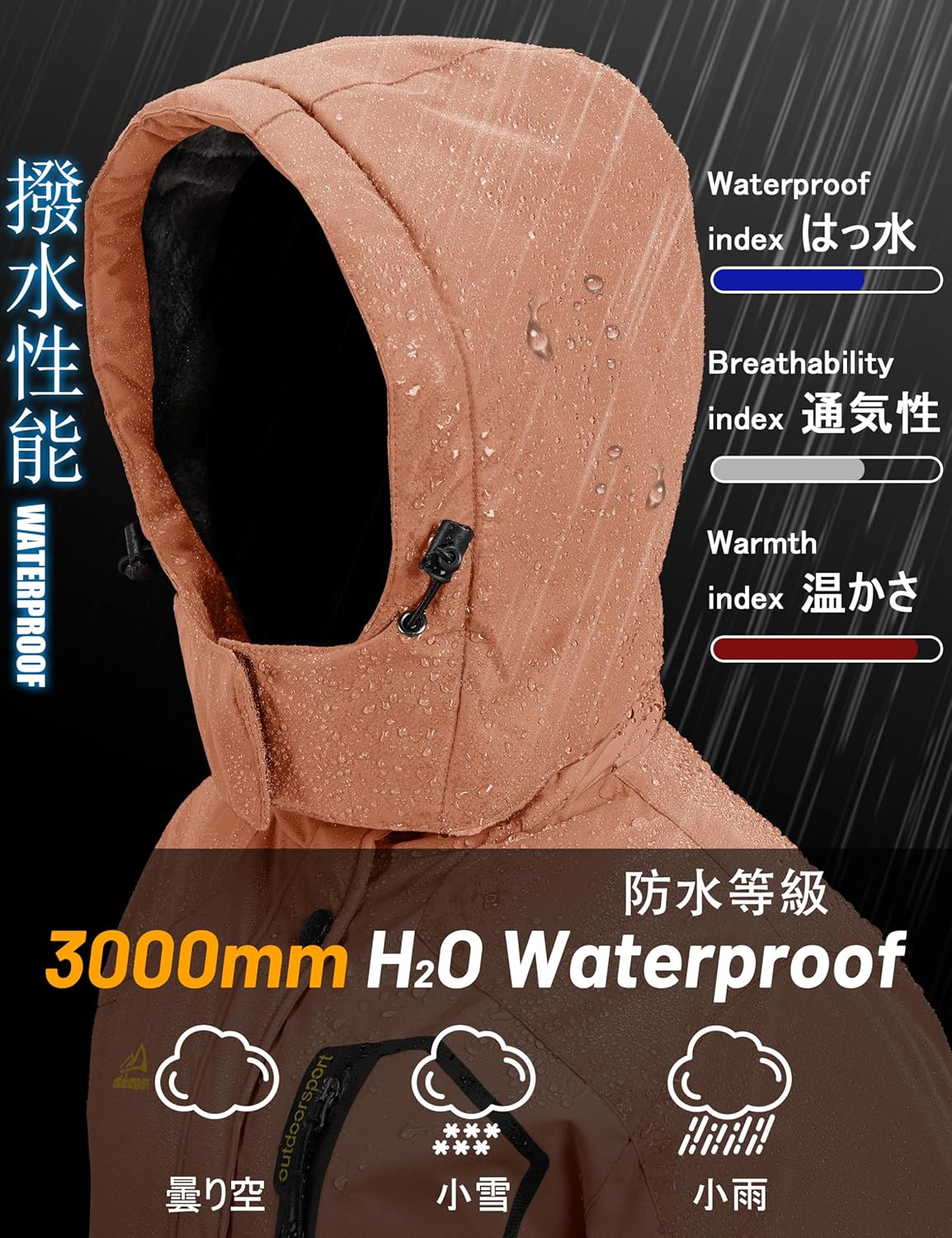 レディース冬用撥水マウンテンパーカー 防風・通気性抜群 ハイキング・アウトドア用