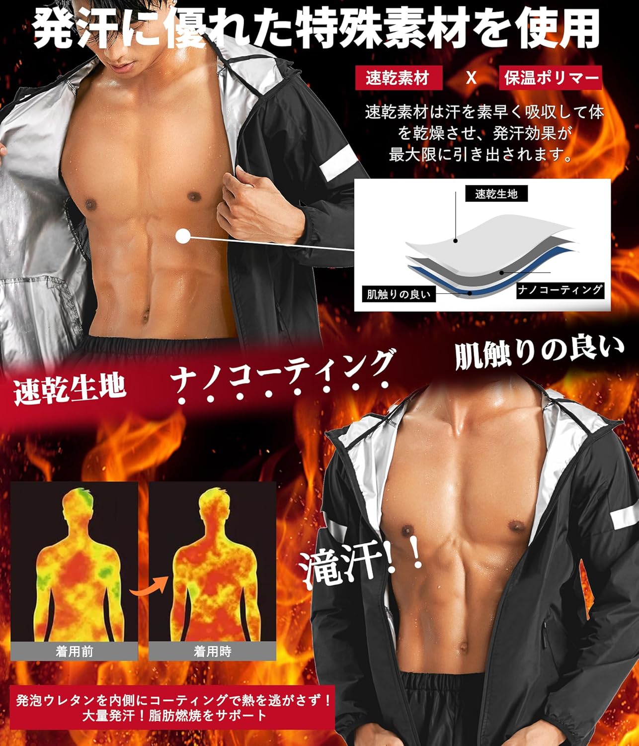 冬用サウナジャケット 男女兼用 蓄熱・保温力アップ ストレッチ運動着