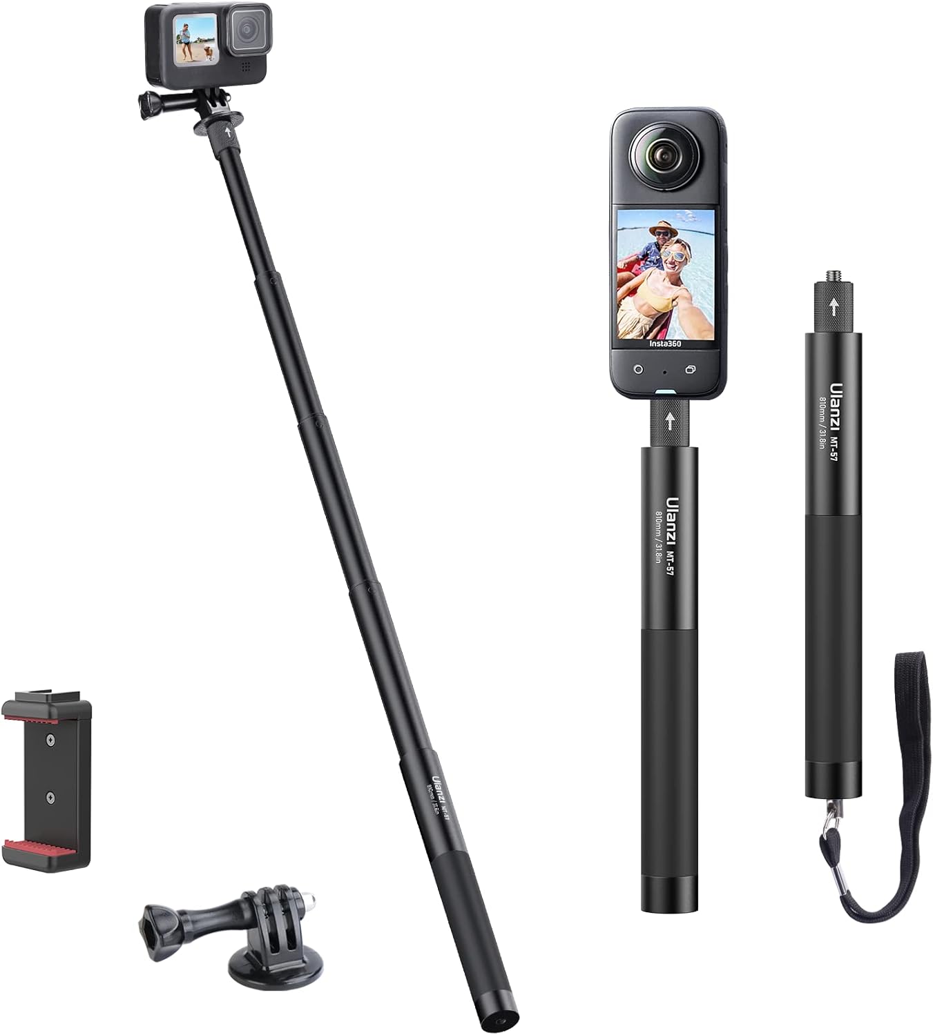 Ulanzi 81cm自撮り棒 アルミ製 超軽量 伸縮式 スマホホルダー付き 伸縮最大81cm セルフィー撮影に最適