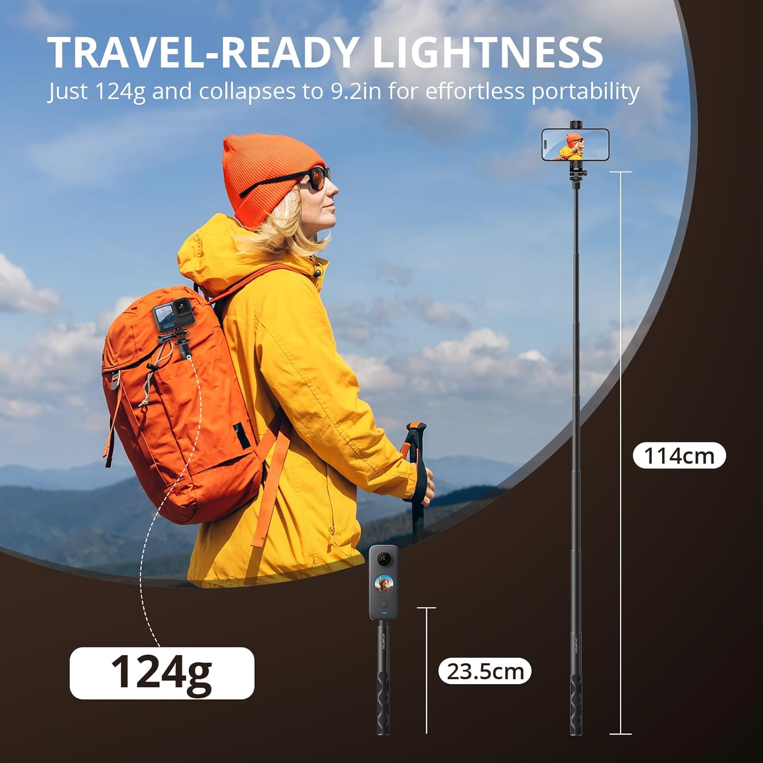 Insta360用114cmストラップ付き耐久自撮り棒 - X3/GO 2/ONE X2/ONE RS対応