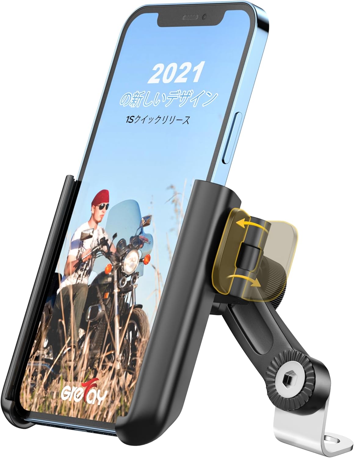 バイク用スマホホルダー（片手操作・ミラーマウント付）360度回転・振動吸収対応 Black