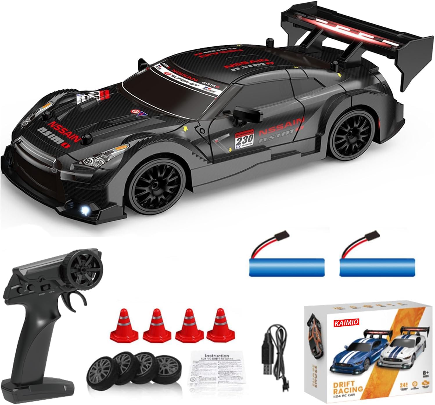 LEDライト付き 1:24スケール RCドリフトカー 30KM/H 高速4WD 黒
