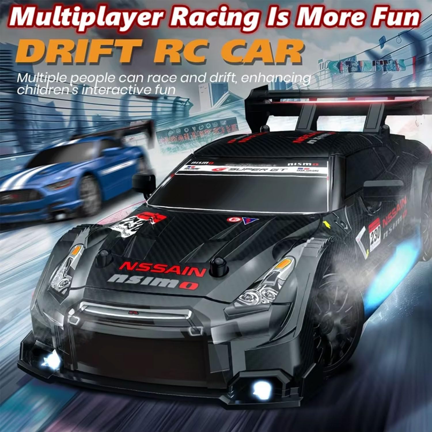 LEDライト付き 1:24スケール RCドリフトカー 30KM/H 高速4WD 黒