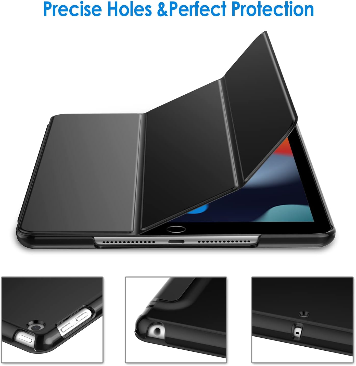 iPad 9/8/7用ケース (10.2インチ, 第9/8/7世代) 三つ折りスタンド耐衝撃カバー (ブラック)