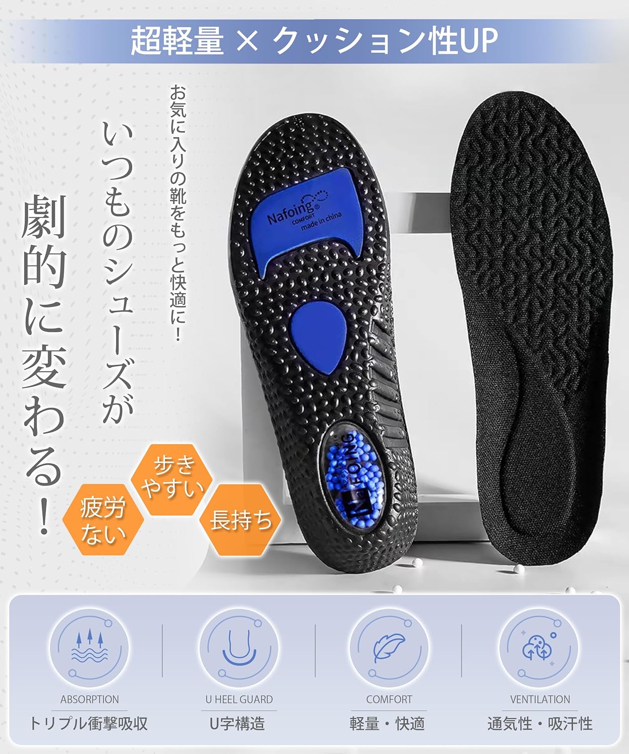 【特許技術】エアクッション衝撃吸収インソール【疲労軽減・超軽量・サイズ調整可】（ブラック, L）