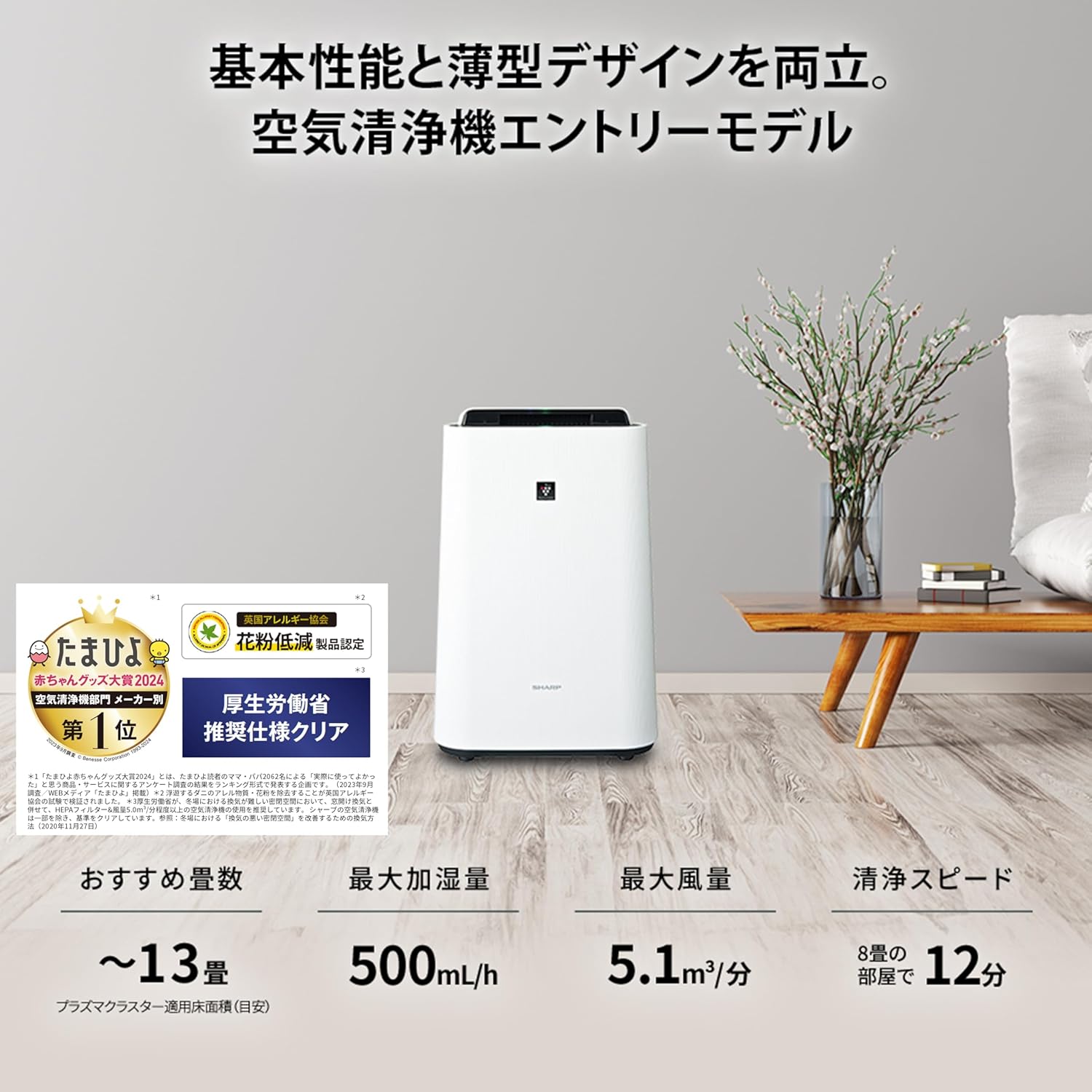 シャープ プラズマクラスター空気清浄機 KC-S50-W 13畳用 加湿機能付き