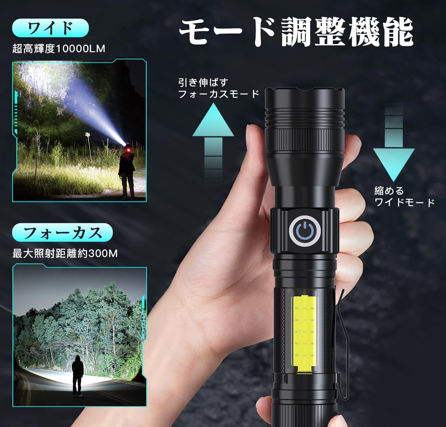 LEDハンディライト かいちゅう電灯 超高輝度 IPX6防水 3000mAh ズーム式 7モード調光
