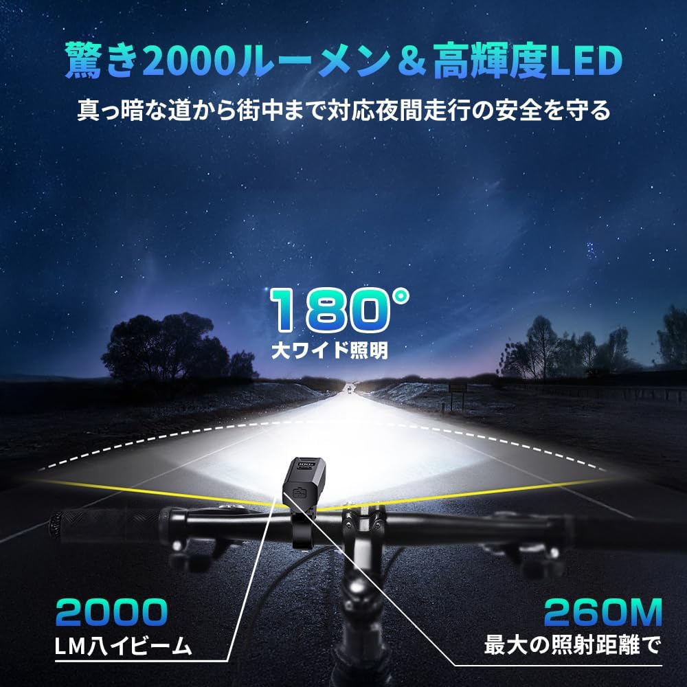 【自転車ヘッドライト】超高輝度2000ルーメン・IPX7防水・自動点灯・USB充電式