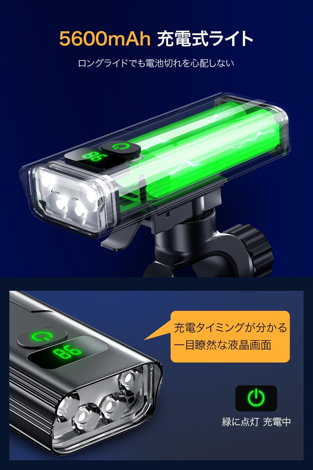 自転車用高輝度LEDヘッドライト【5600mAh・5調光モード・IPX6防水】