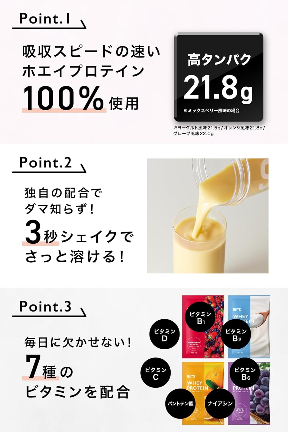REYS レイズ ホエイプロテイン お試しセット 30g×4種 ビタミン7種配合 フルーツフレーバー
