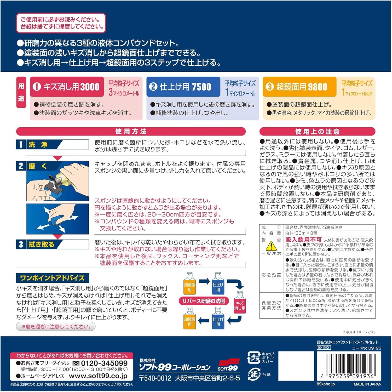 液体コンパウンドトライアルセット｜塗装面のキズ消し・仕上げ用スポンジ付き｜SOFT99 09193