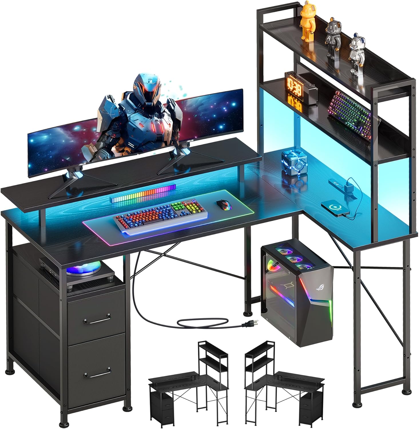 Maihail ゲーミングデスク LEDライト付き 収納棚 高さ調節可能 幅120cm 奥行80cm ブラック