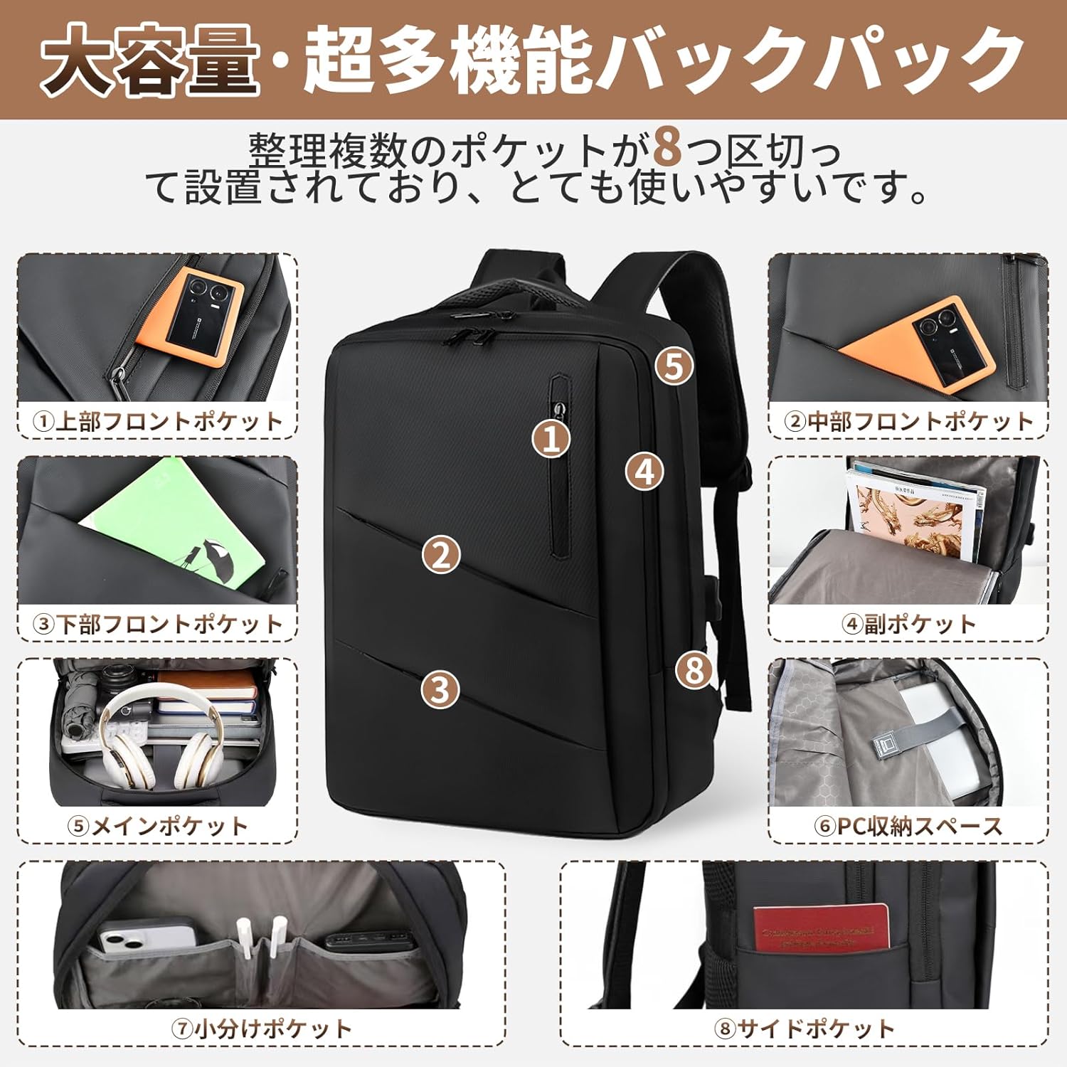 ビジネスリュック メンズ 大容量 防水 USB充電ポート付き 15.6インチ PC対応 通学・出張・旅行用（ブラック）