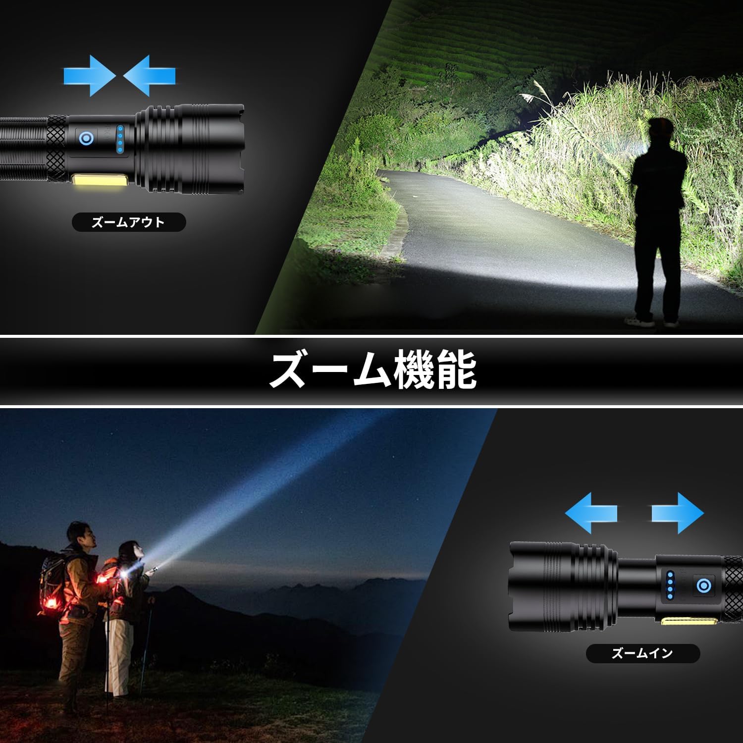高輝度懐中電灯【500000ルーメン】充電式・IPX6防水・アルミ合金製・7照明モード対応・防災・夜間作業用