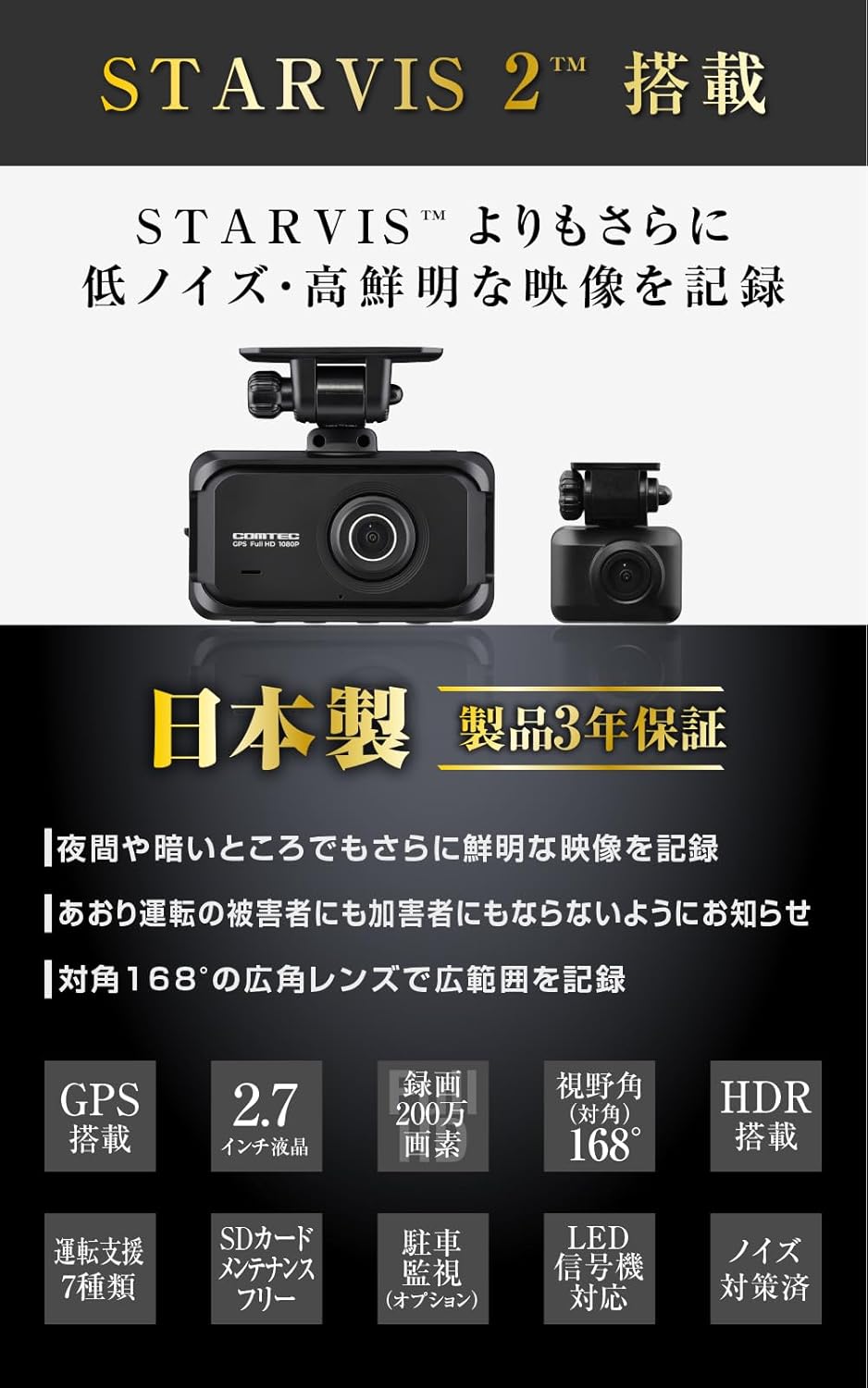 ドライブレコーダー ZDR055 前後200万画素 GPS・運転支援機能搭載 常時録画・駐車監視 日本製 3年保証