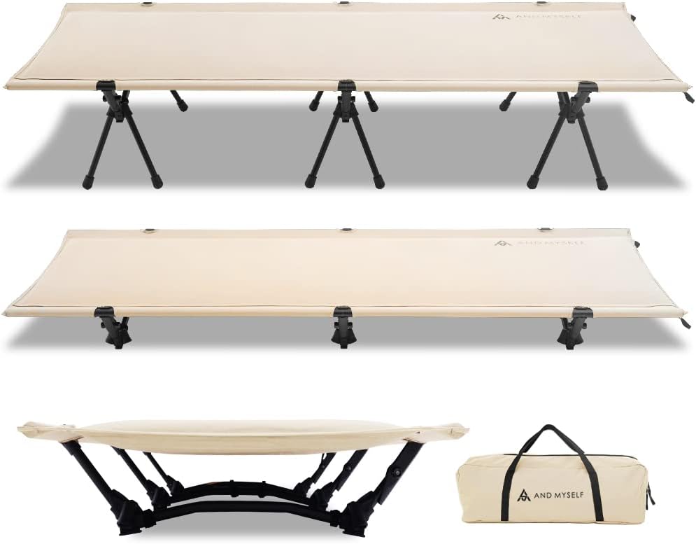 自動膨張式インフレーターコット（耐荷重180kg、190cm）ソロキャンプ用折りたたみ式 - ベージュ