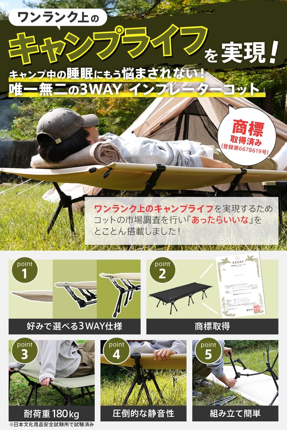 ソロキャンプ用 自動膨張式インフレーターコット Khaki 耐荷重180kg 折りたたみ型 190cm