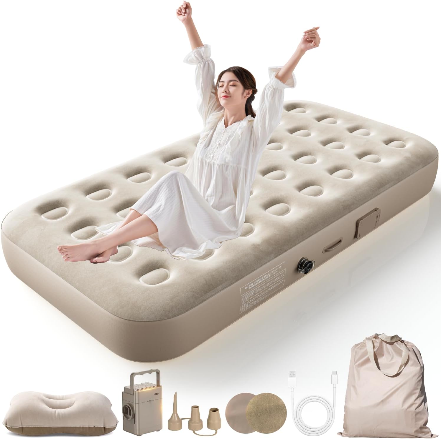 花見キャンプ用エアーベッド シングル 190×100×25cm 電動ポンプ内蔵 折り畳み式 自動膨張型 防水性・通気性 枕・収納袋付き コンパクト (ベージュ)