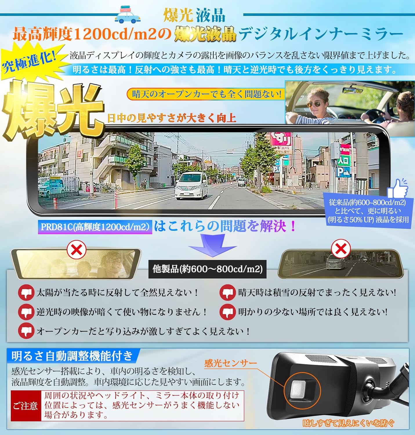 2Kミラー型ドライブレコーダー 前後カメラ 自動輝度調整 11インチ【ソニー製STARVIS】72時間駐車監視 GPS内蔵【PRD81C】