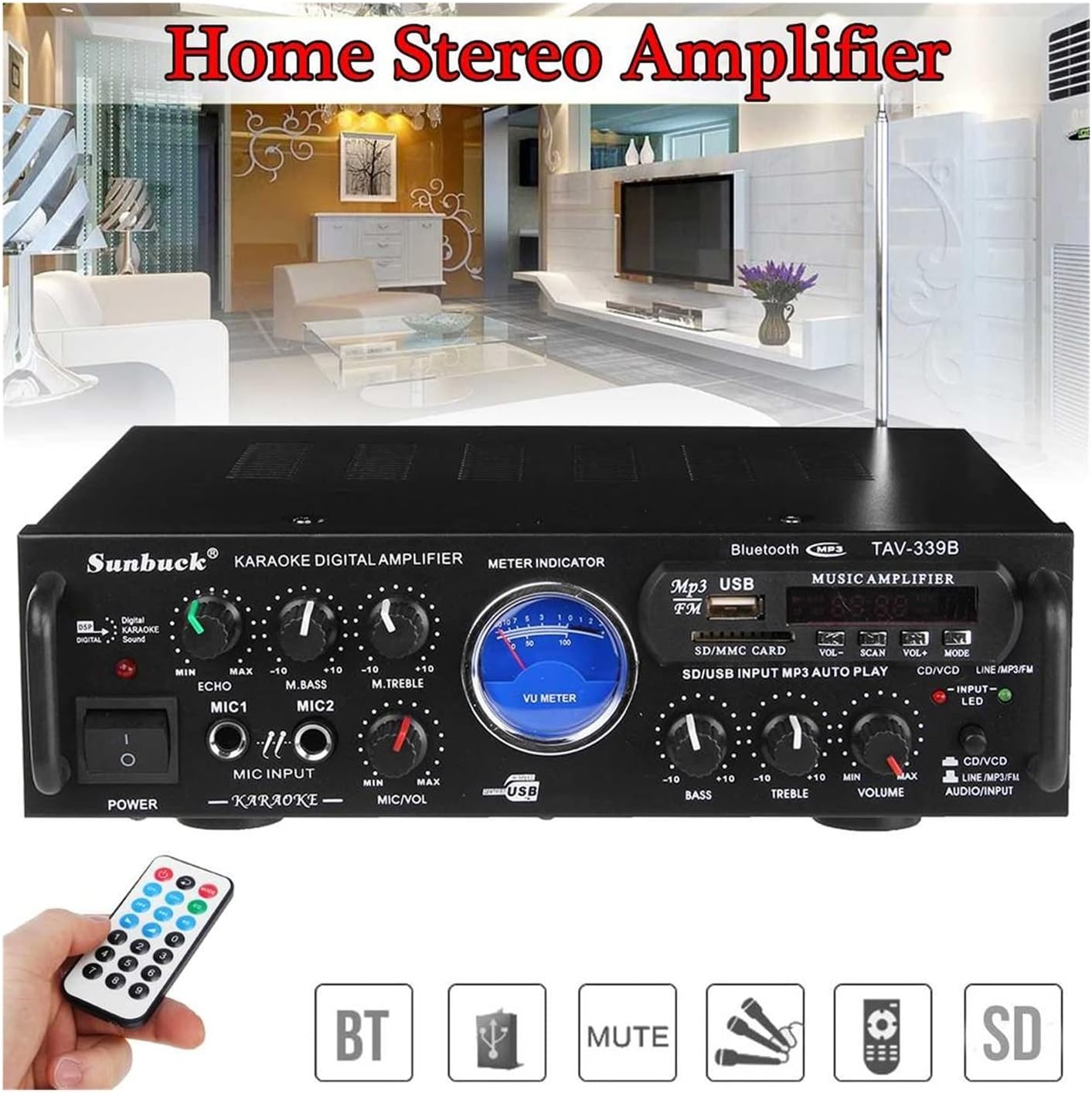 Bluetooth対応デジタルパワーアンプ 600W 2ch USB/SD/FM カラオケ用
