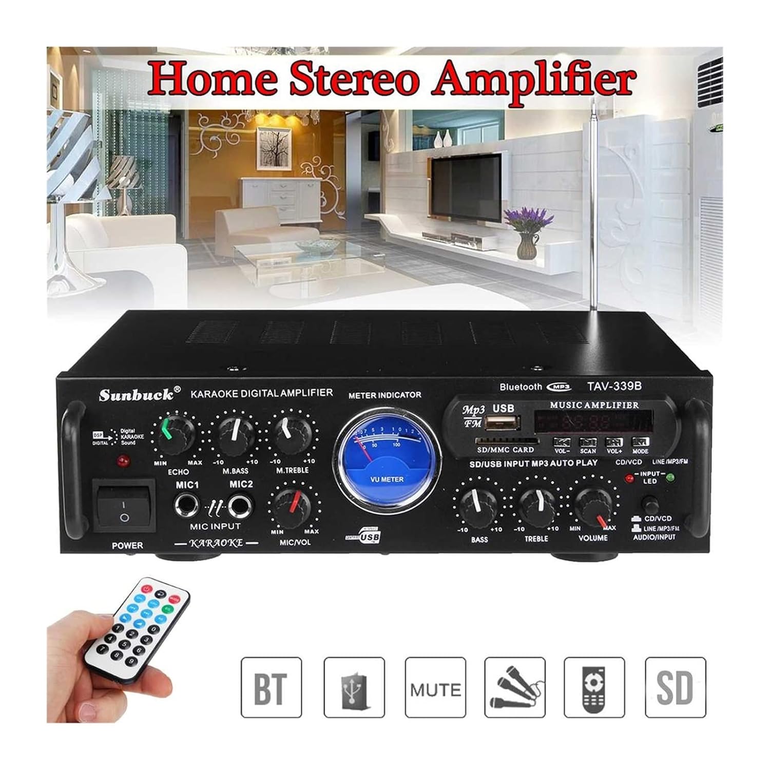 600W Bluetooth対応カラオケホームアンプ 2ch USB SD付