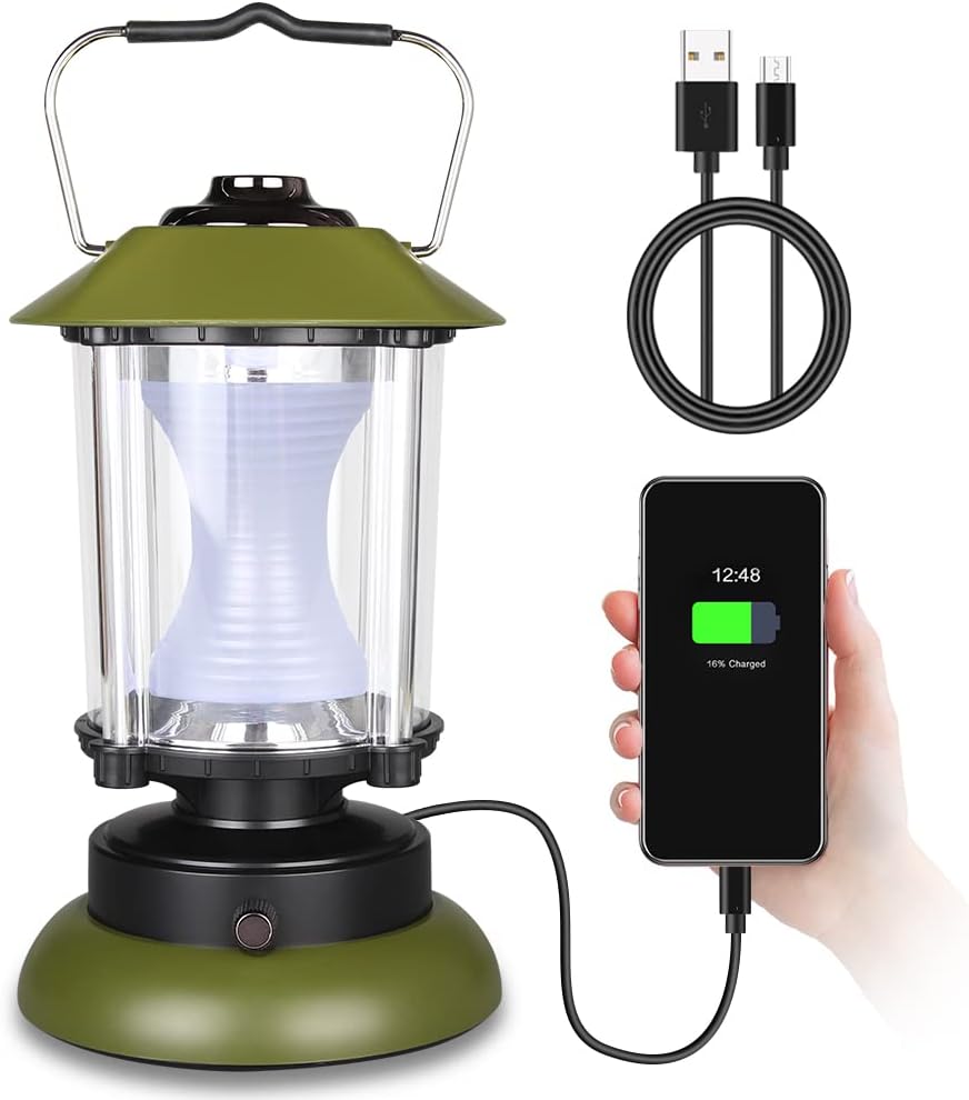 充電式LEDキャンプランタン IPX4防水 超高輝度1500ルーメン USBポート付き レトロデザイン