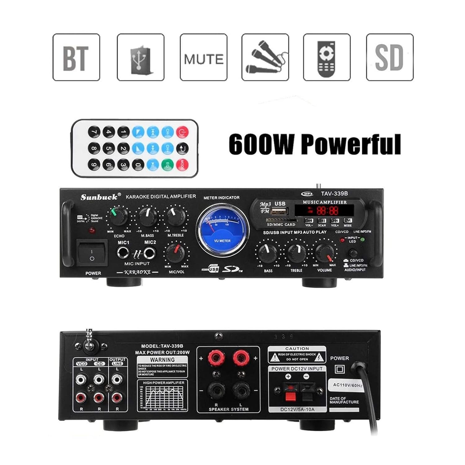 600W Bluetooth対応ステレオパワーアンプ FM/USB/SD対応 ハイファイホームオーディオ