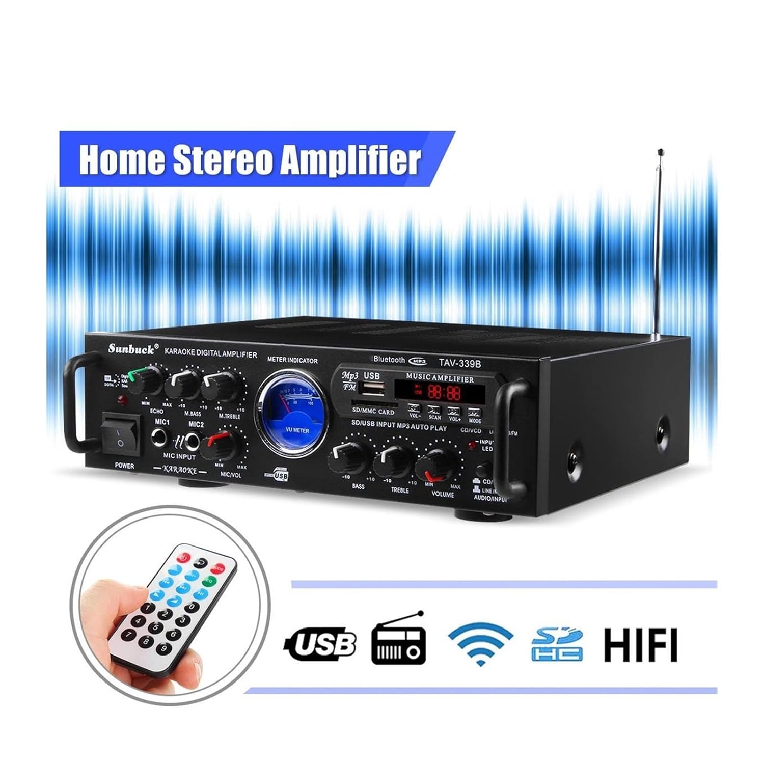 600W Bluetooth対応ステレオパワーアンプ FM/USB/SD対応 ハイファイホームオーディオ