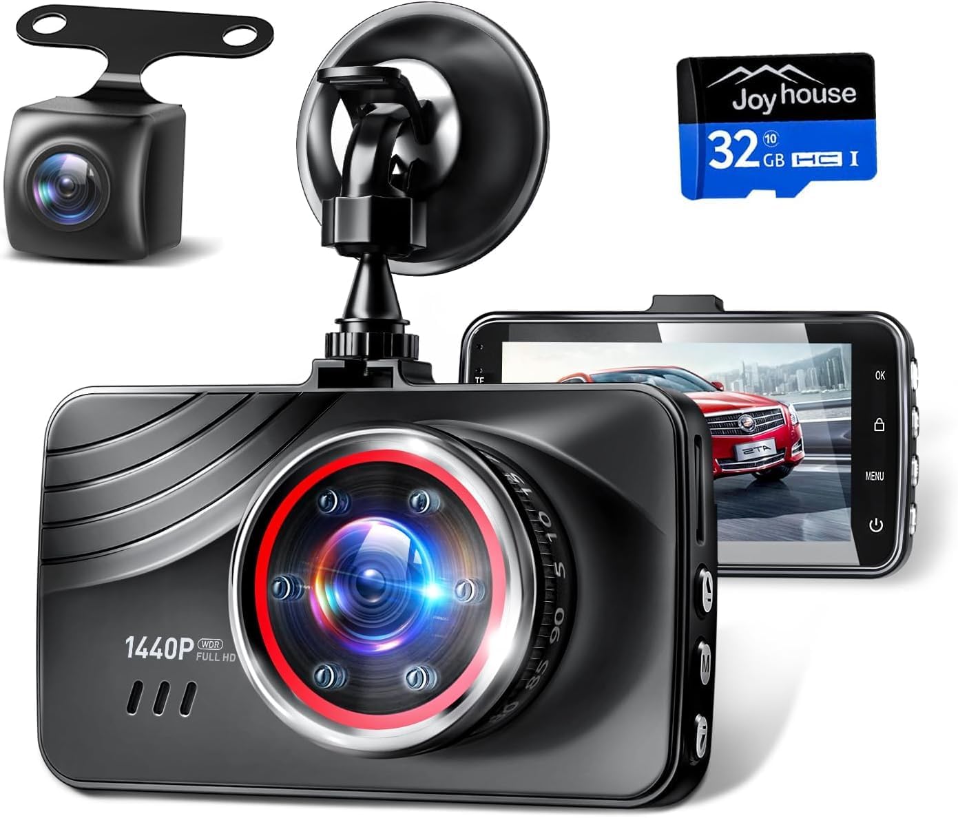 1440PフルHD前後カメラ搭載ドライブレコーダー【小型・170度超広角・駐車監視・32GBカード付き】