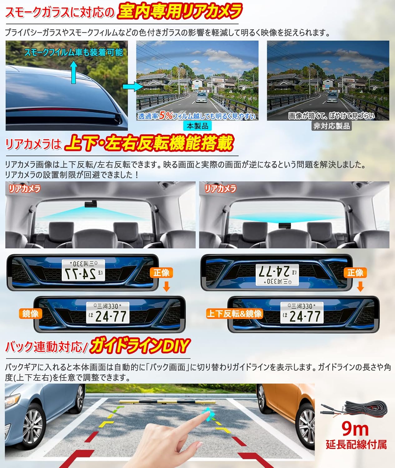 12インチミラー型ドライブレコーダー 1440P前後カメラ・GPS内蔵・夜間撮影対応【駐車監視ケーブル＋64GBカード付属】PRD52C