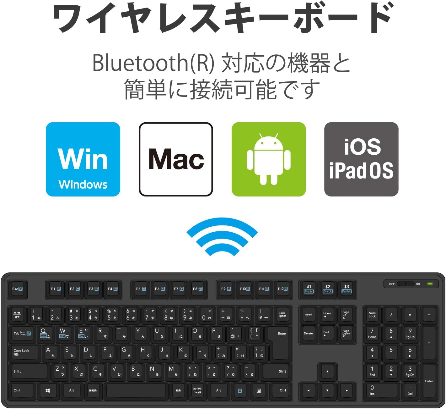 Bluetooth対応テンキー付きフルオフィスキーボード ブラック TK-FBM112BK