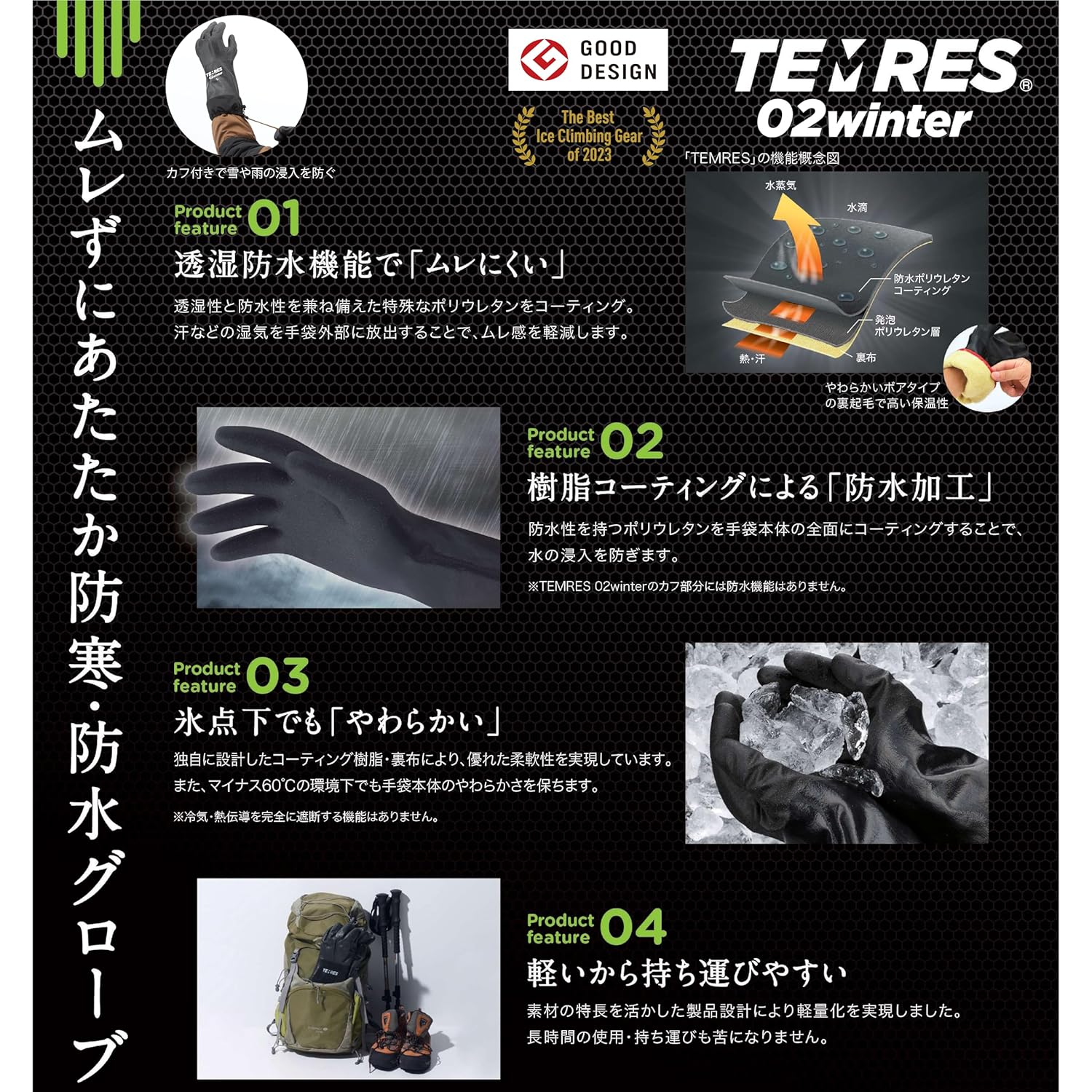 防寒インナー付き防水グローブ Lサイズ ブラック - アウトドア用透湿手袋 TEMRES