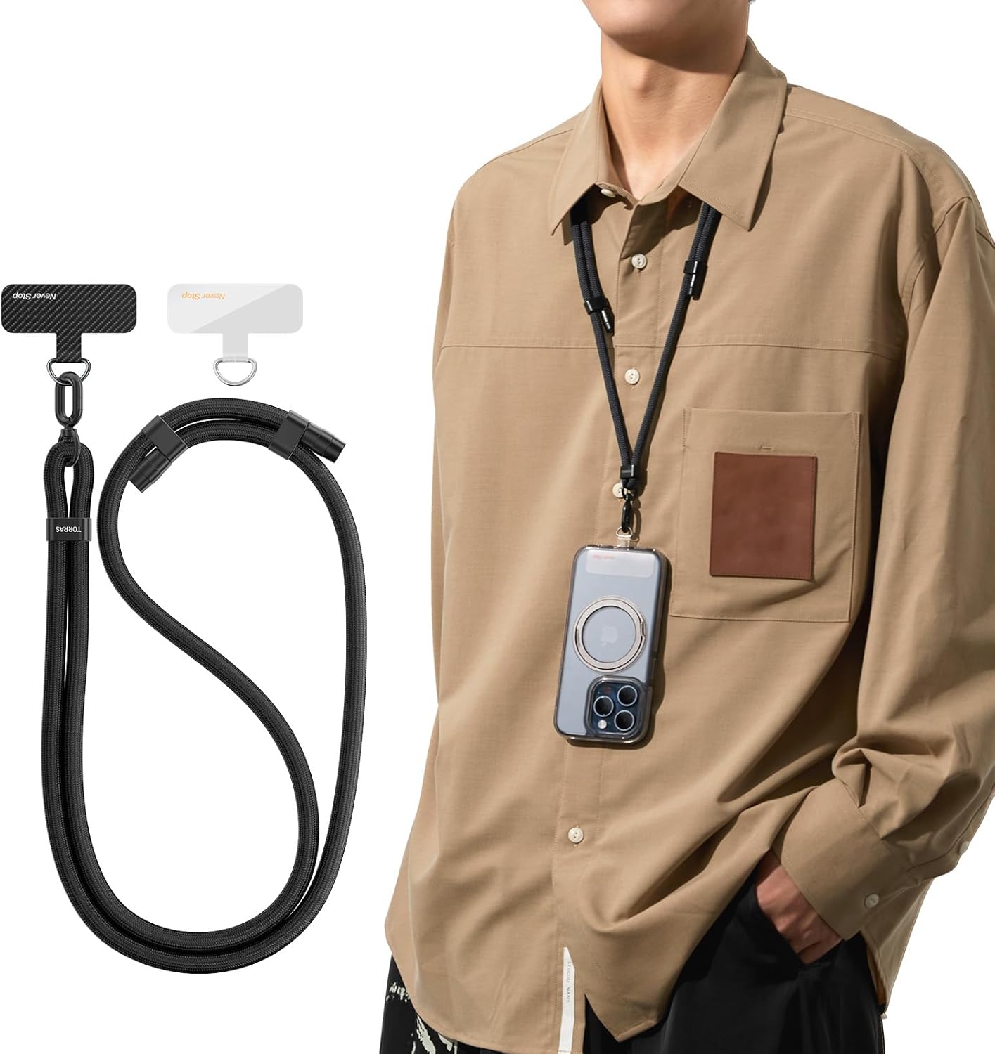 外出必須 スマホ首掛けストラップ 「LoopGo Flex」 ブラック - 調整可能・2枚入り・全機種対応