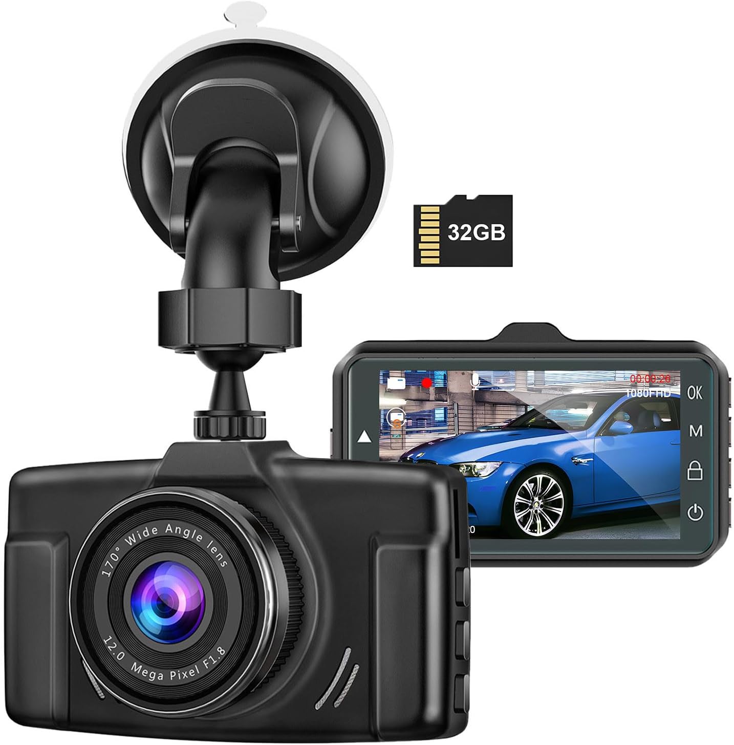 1080PフルHDドライブレコーダー Gセンサー搭載 32GBカード付 ワンプッシュ記録 駐車監視機能付き ループ録画エコ省電力型（グレー）