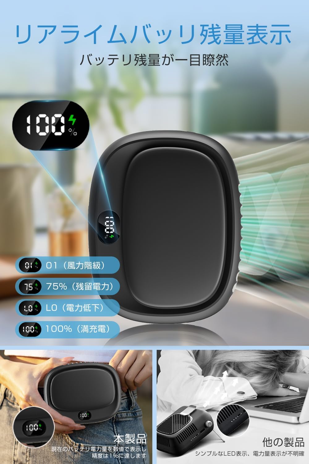 【2025年夏】腰掛け扇風機 4WAY ハンディファン 大容量6000mAh Type-C急速充電 ブラック