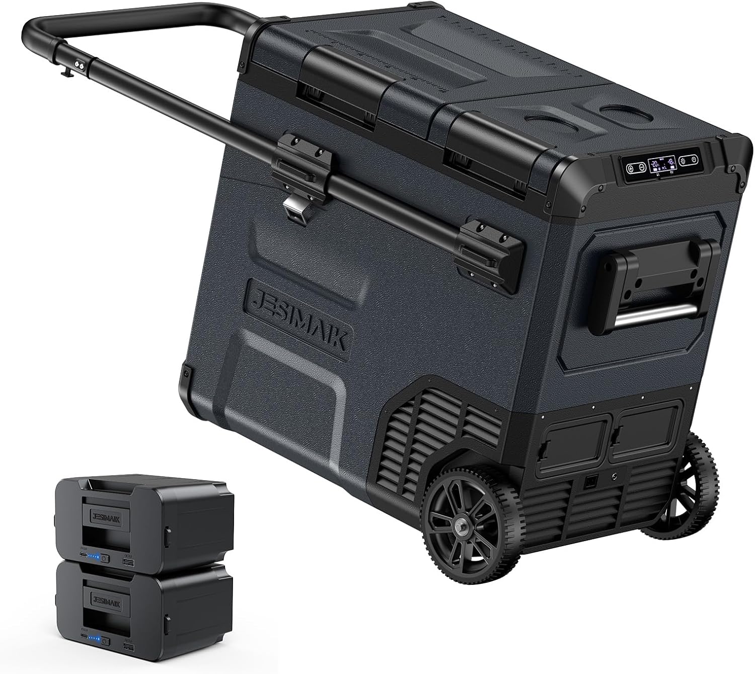 ポータブル冷蔵庫 E55 -20℃～10℃ 55L 2室独立温度制御 バッテリー2個付き 静音 LCD温度表示 アウトドア・車中泊用