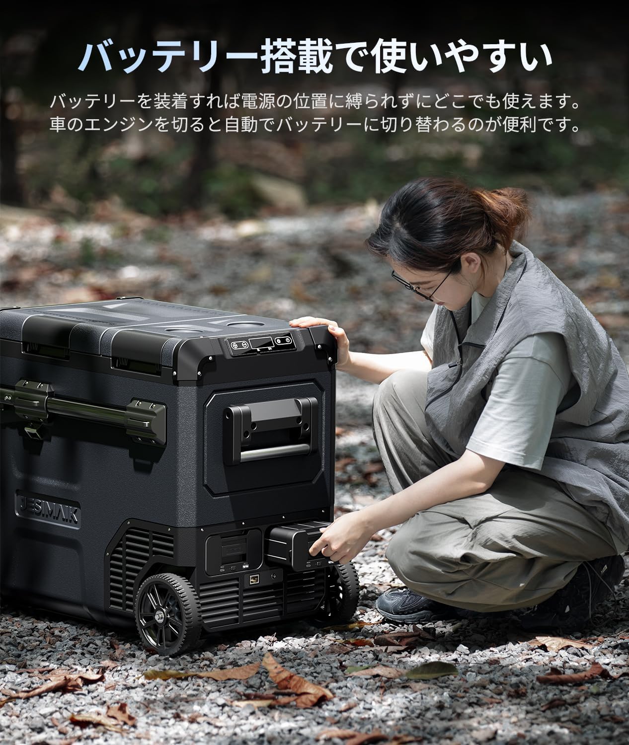 ポータブル冷蔵庫 E55 -20℃～10℃ 55L 2室独立温度制御 バッテリー2個付き 静音 LCD温度表示 アウトドア・車中泊用