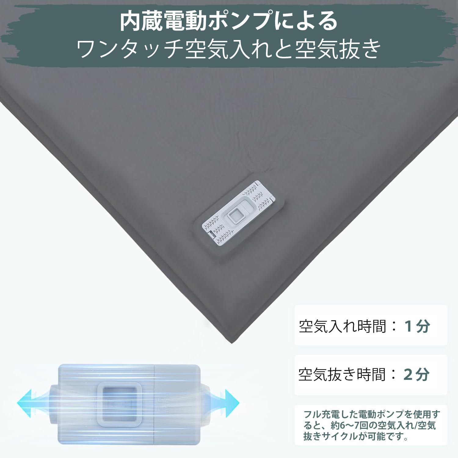 電動ポンプ内蔵エアーマット 8cm厚手 R値9.5 キャンプ用収納袋付き (グレー)