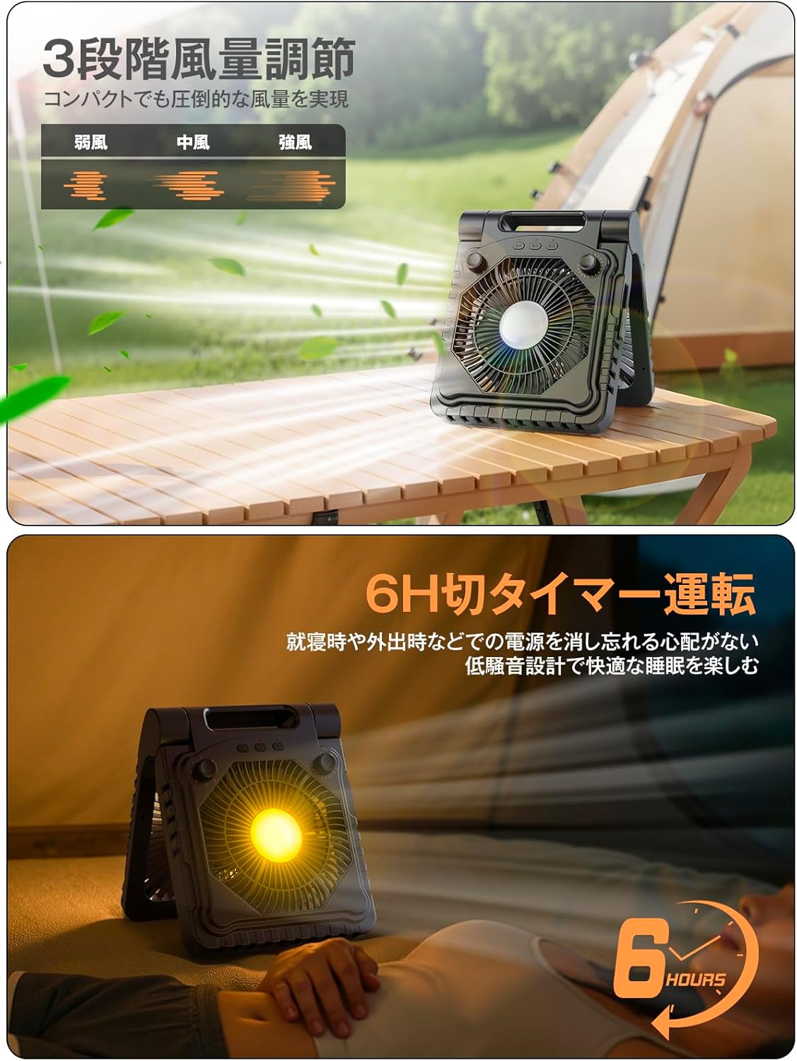 【アウトドア用太陽光充電式扇風機・10000mAh・コードレス】キャンプ、車中泊、停電対策用ブラック